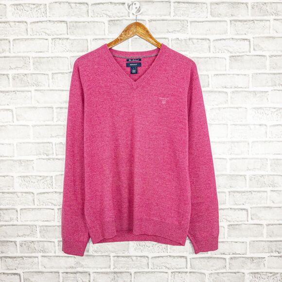 GANT Size Large Fine Lambswool Vneck Pullover Sweater in Pink Knit - Picture 1 of 7